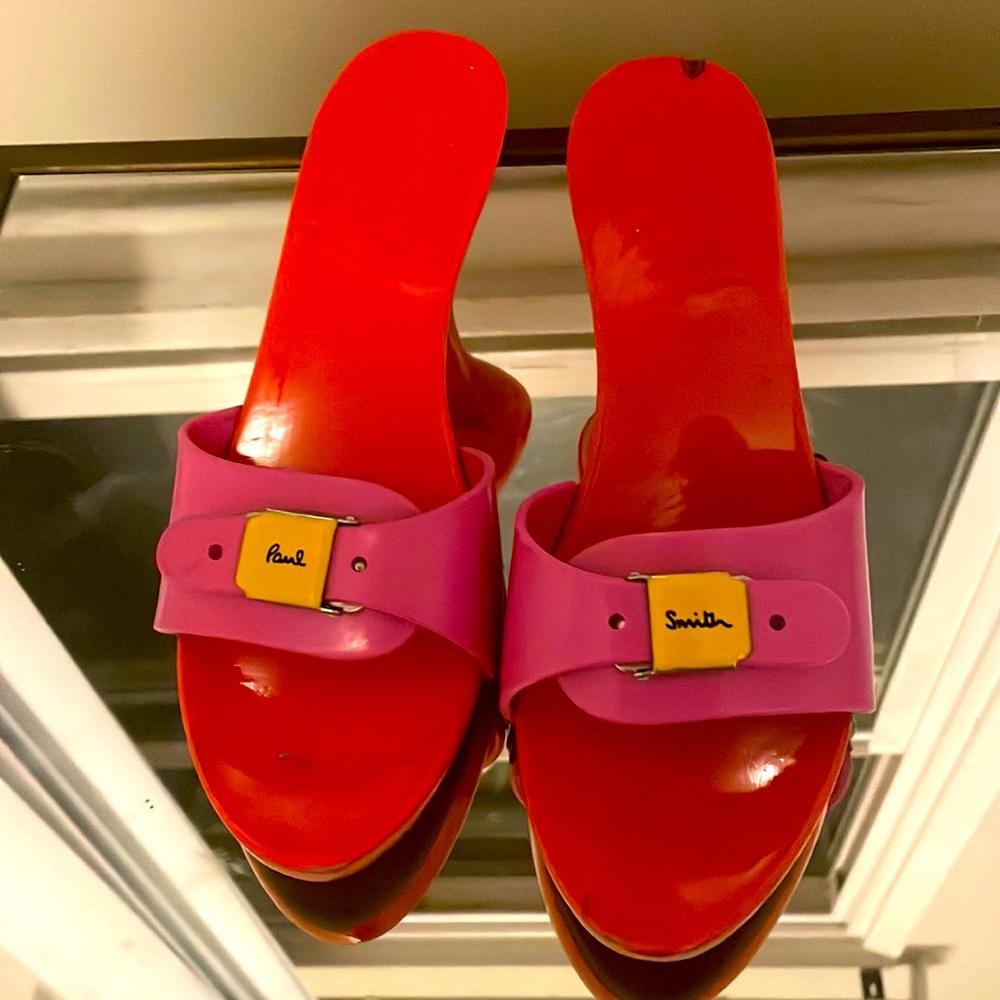 Paul Smith wooden sandals. Pink plastic strap, yellow buckle. Gorgeous!